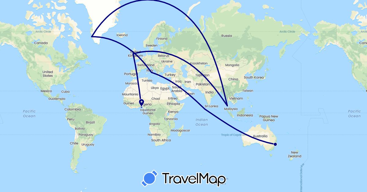 TravelMap itinerary: driving in Australia, United Kingdom, Greenland, Italy, Maldives, Nigeria, Thailand (Africa, Asia, Europe, North America, Oceania)